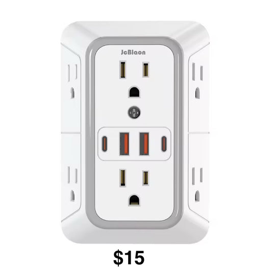 Extensor de toma de corriente, divisor de 6 salidas con 4 puertos USB (2 USB C), cargador de pared con múltiples enchufes, adaptador de pared de 3 caras, regleta de alimentación para el hogar