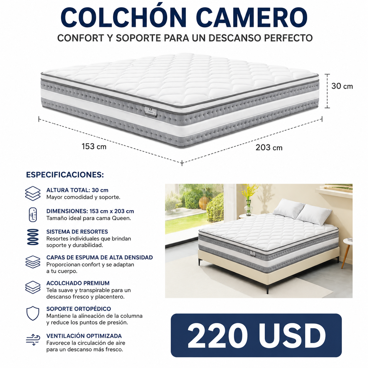 Colchón camero 153 x 203 x 30